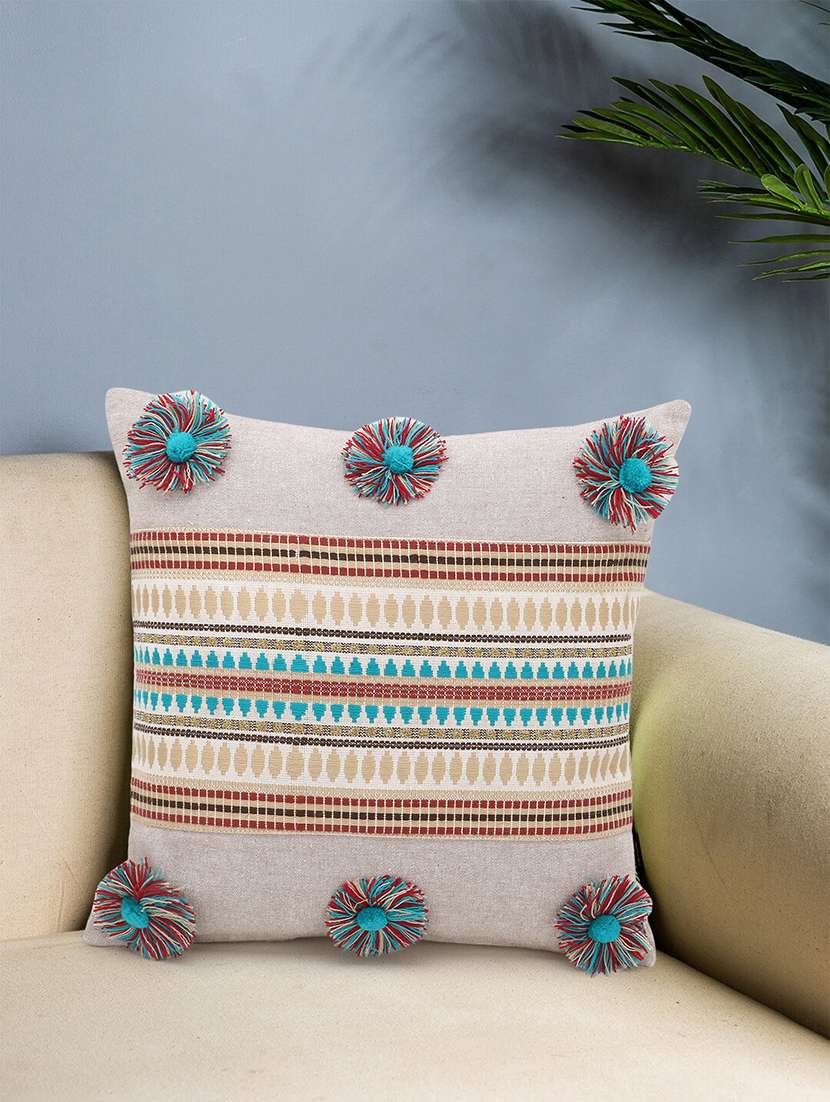 mezposh beige & multi polycotton chambray & jacquard colorblocked & striped cushion cover with pompoms (16x16in) - 18212309 - Zoom Image - 0