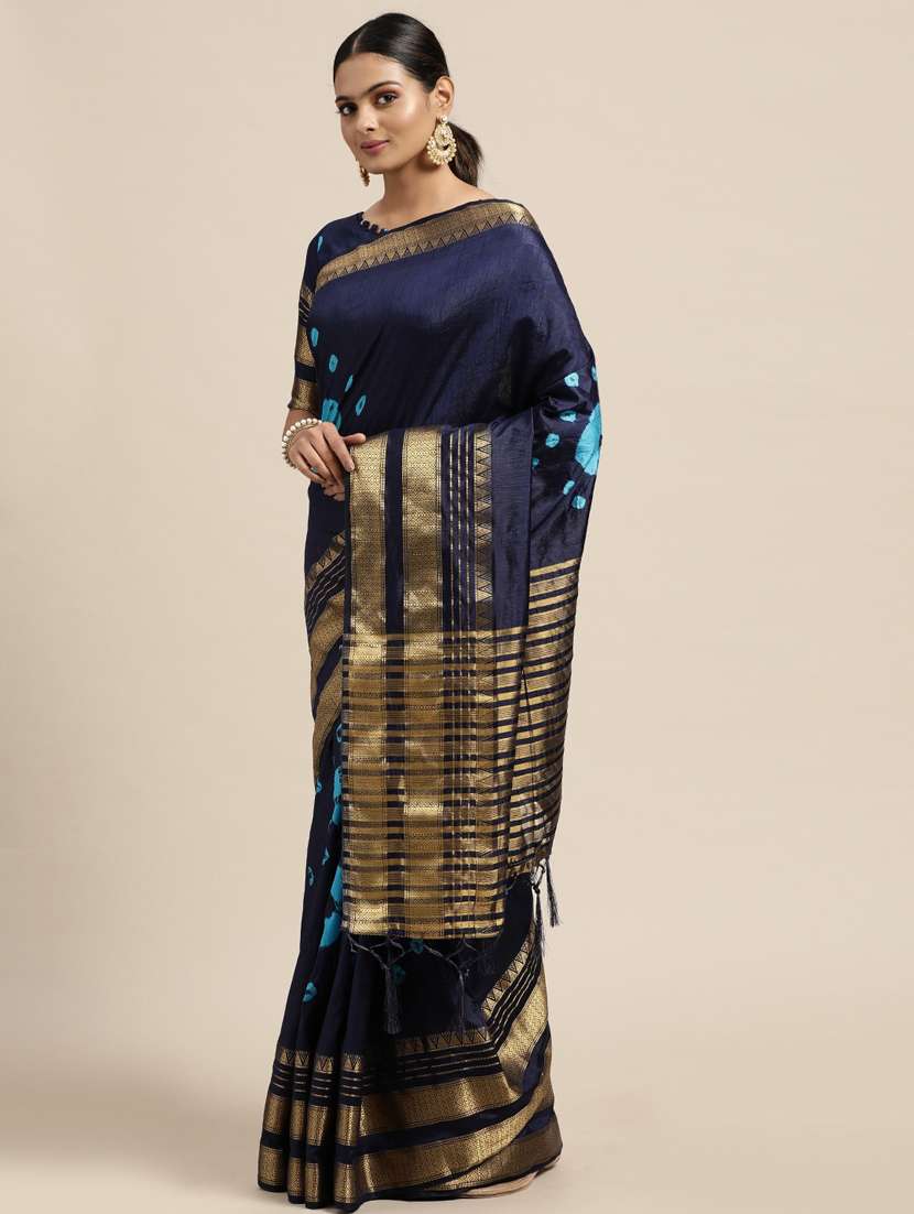 women's self design navy blue colored saree with blouse