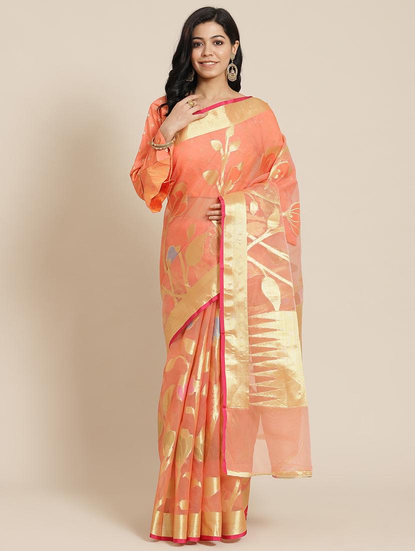 women's self design peach colored saree with blouse