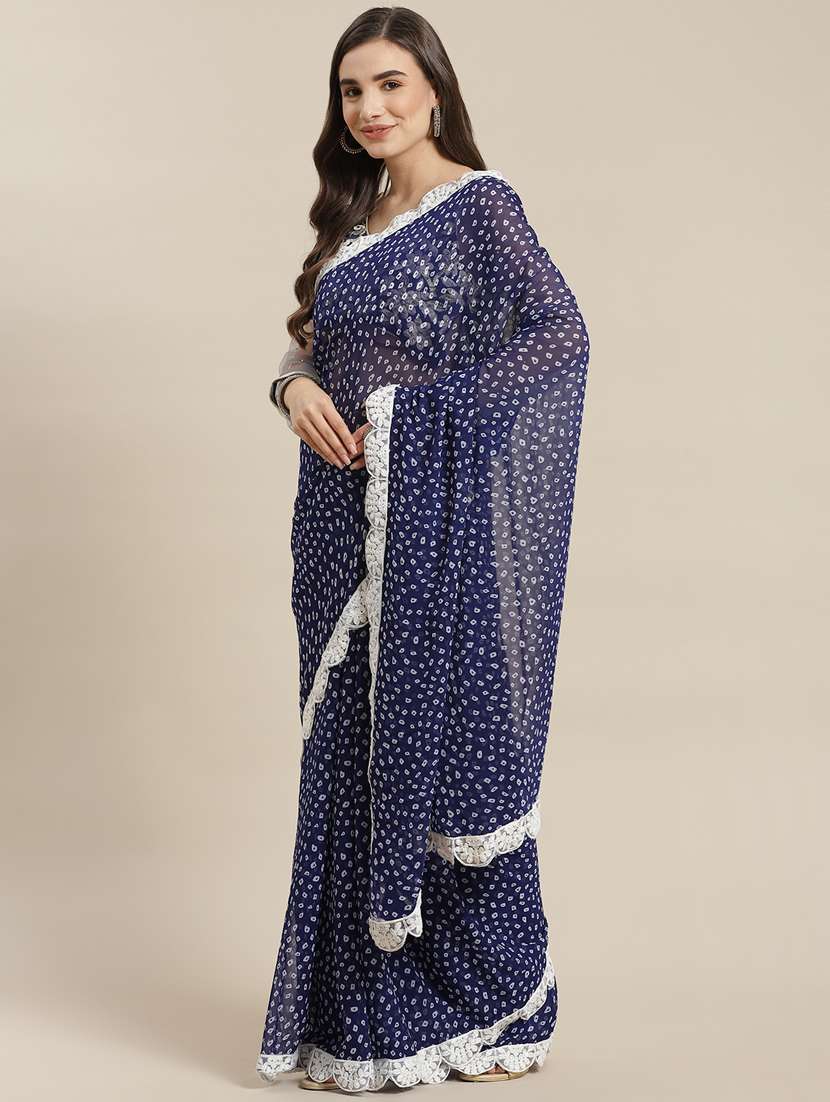 women's bandhani navy blue colored saree with blouse