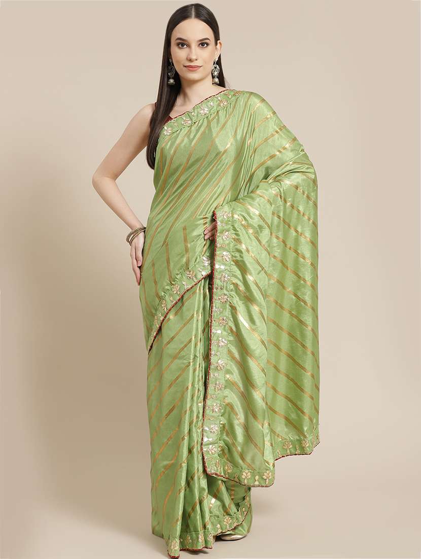 women's stripes green colored saree with blouse