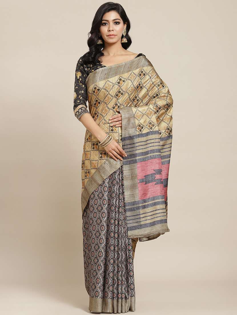 beige jute silk tussar saree with blouse