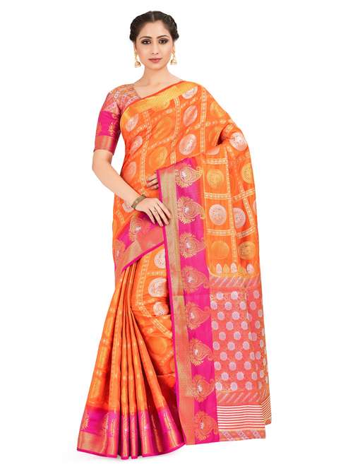 orange art silk kanjivaram saree with blouse - 18214351 - Standard Image - 0