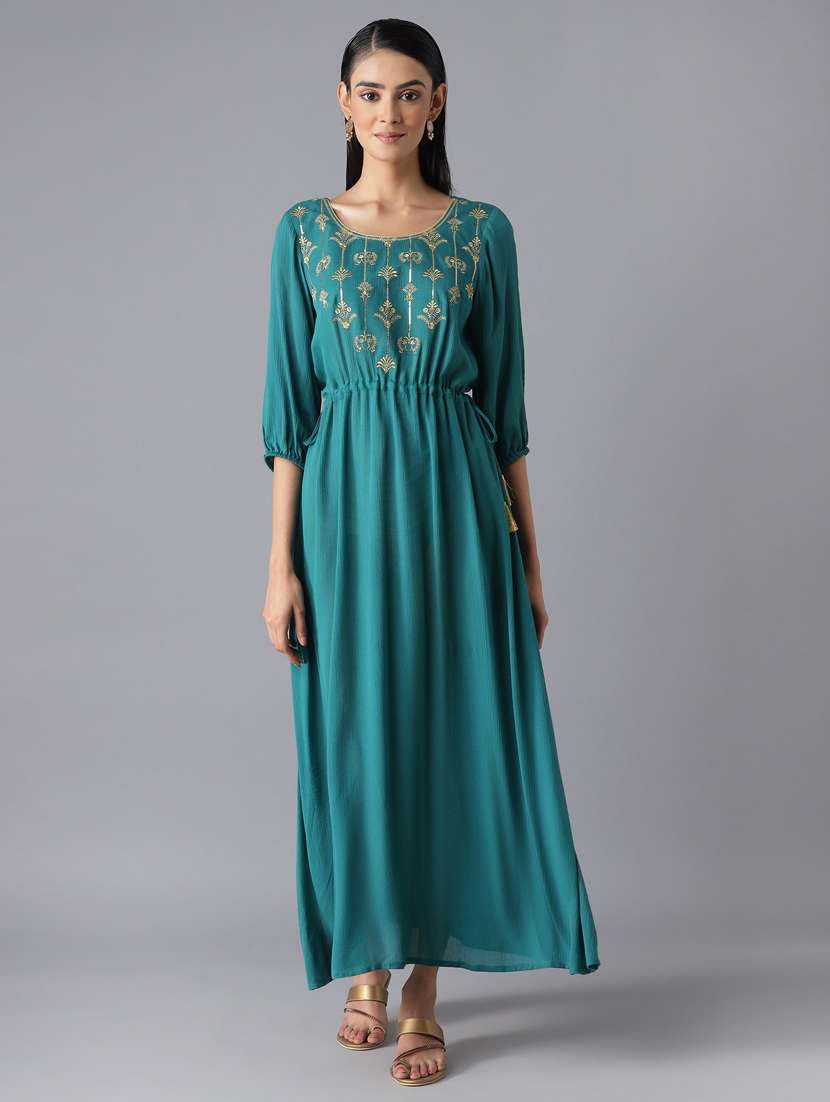 green solid flared ethnic dress