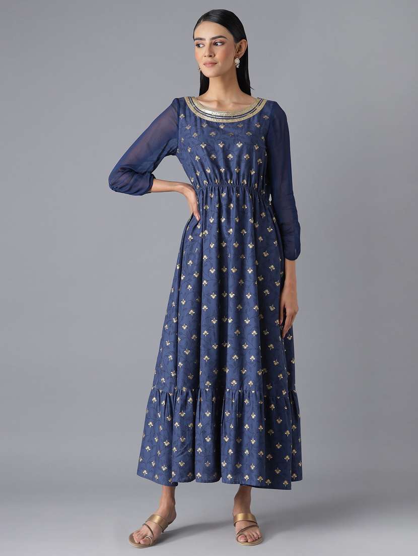 blue printed flared ethnic dress