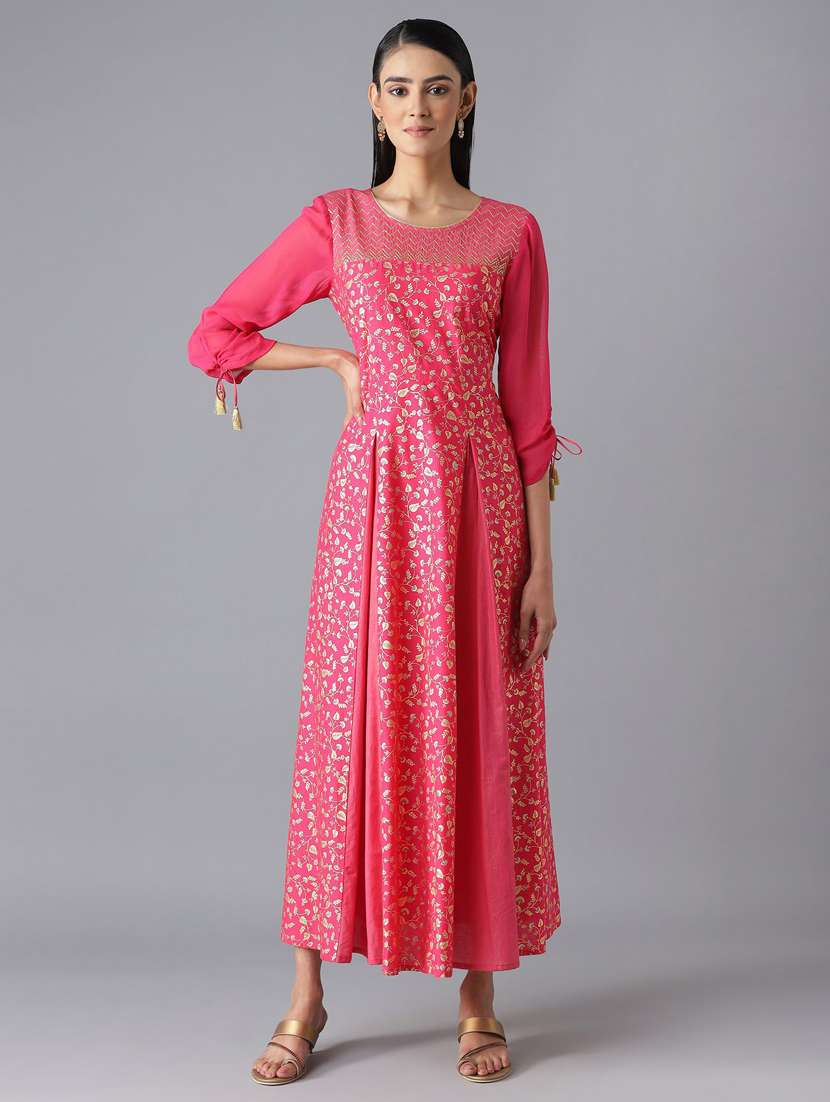 pink printed flared ethnic dress