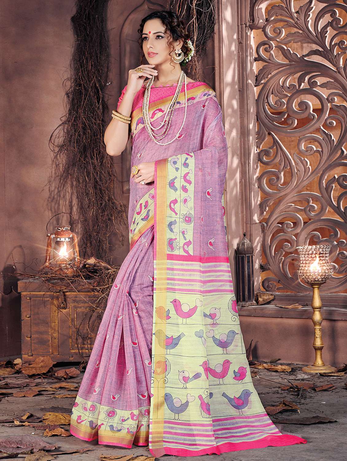 women's printed lavender colored saree with blouse