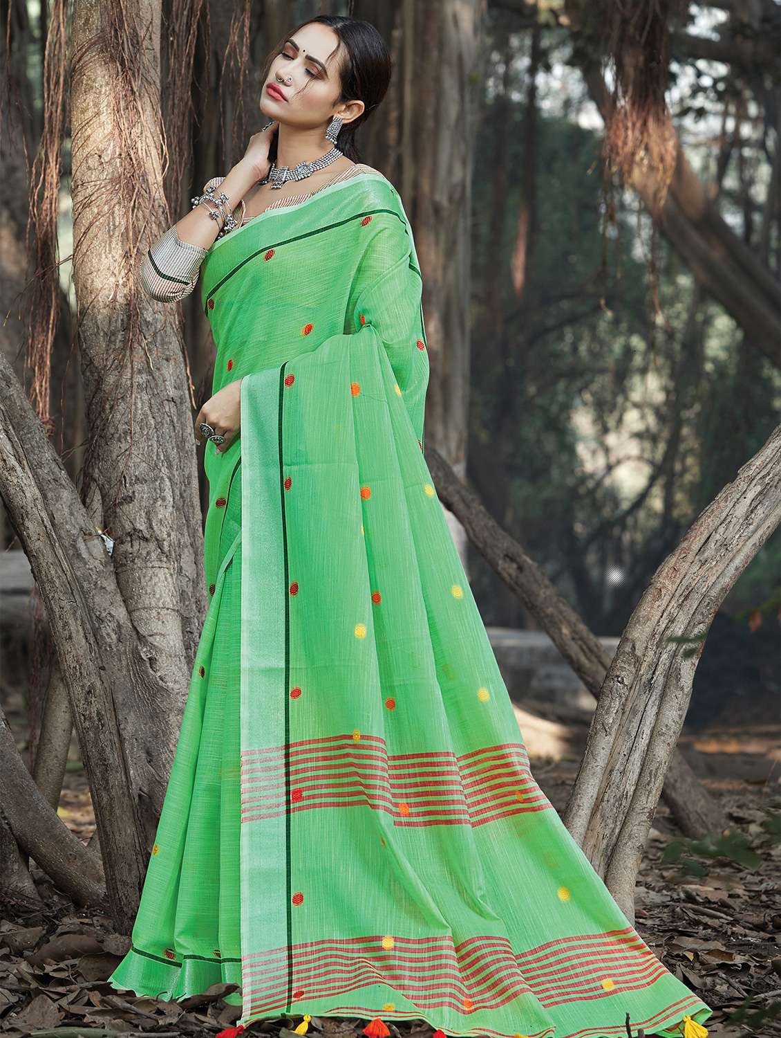 women's self design green colored saree with blouse