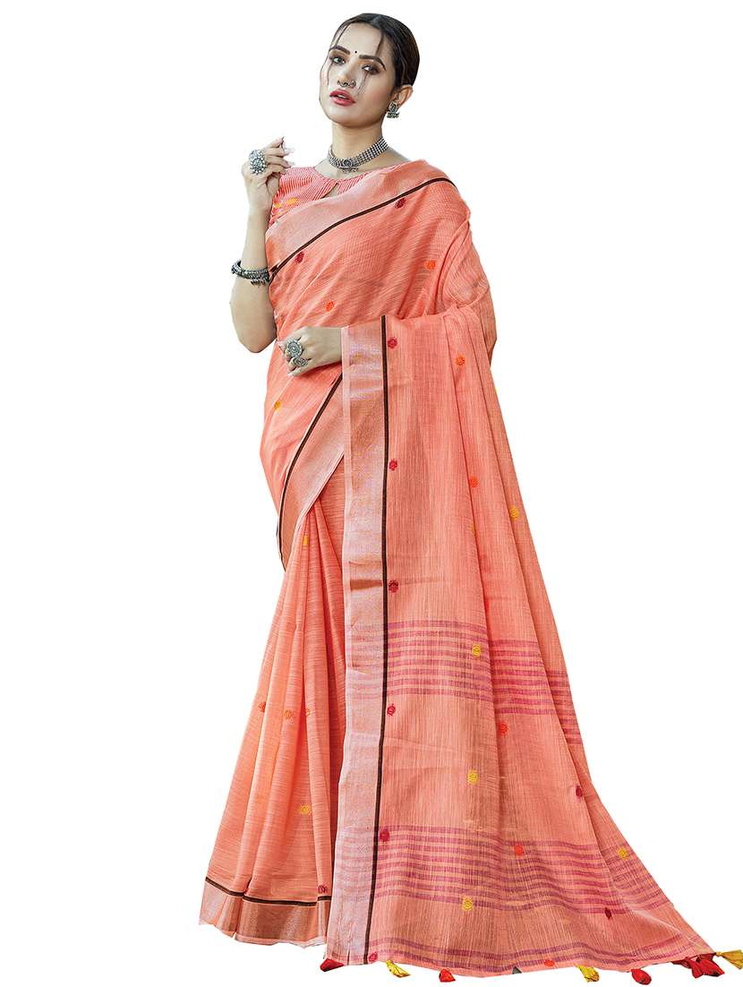 peach linen embroidered saree