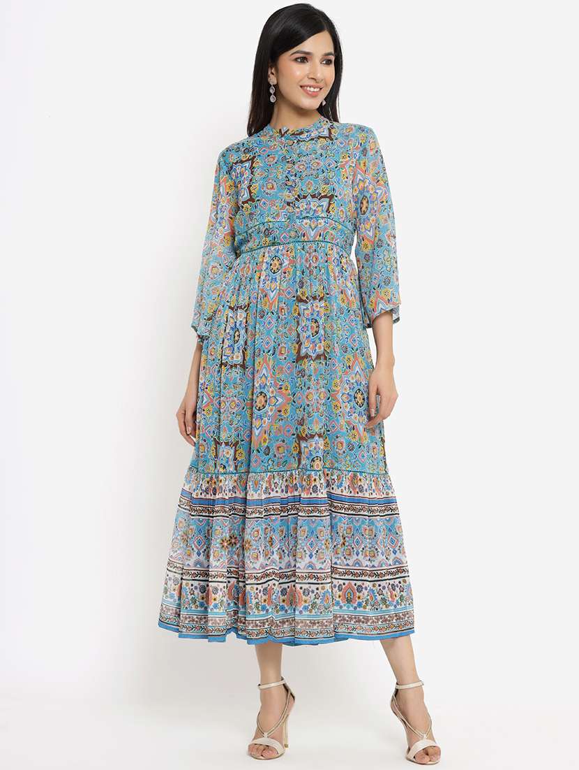 light blue printed tiered ethnic dress - 18217103 -  Zoom Image - 0