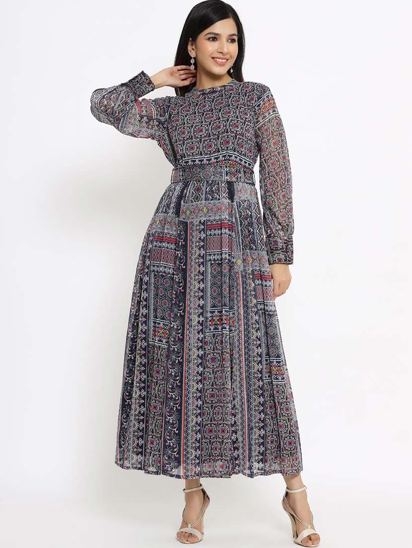 navy blue printed flared ethnic dress