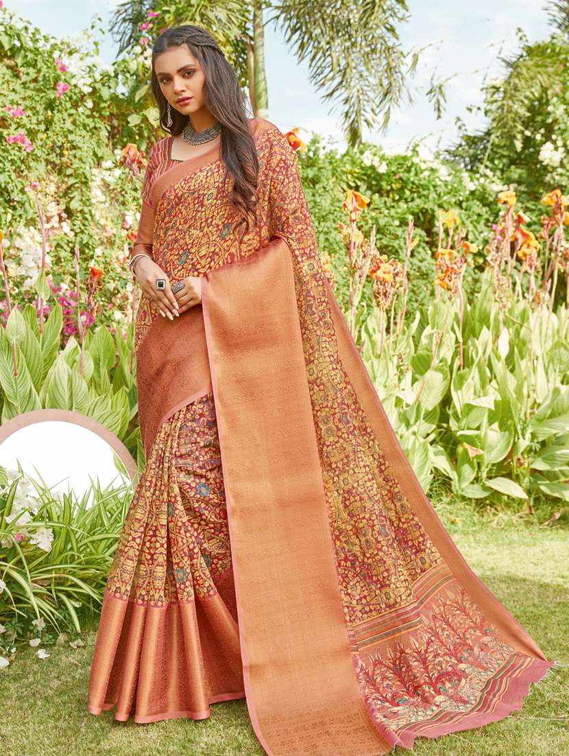 women's printed maroon colored saree