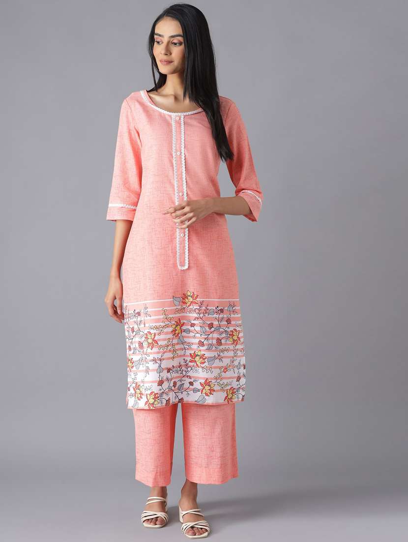 pink round neck three quarter sleeve kurta palazzo set