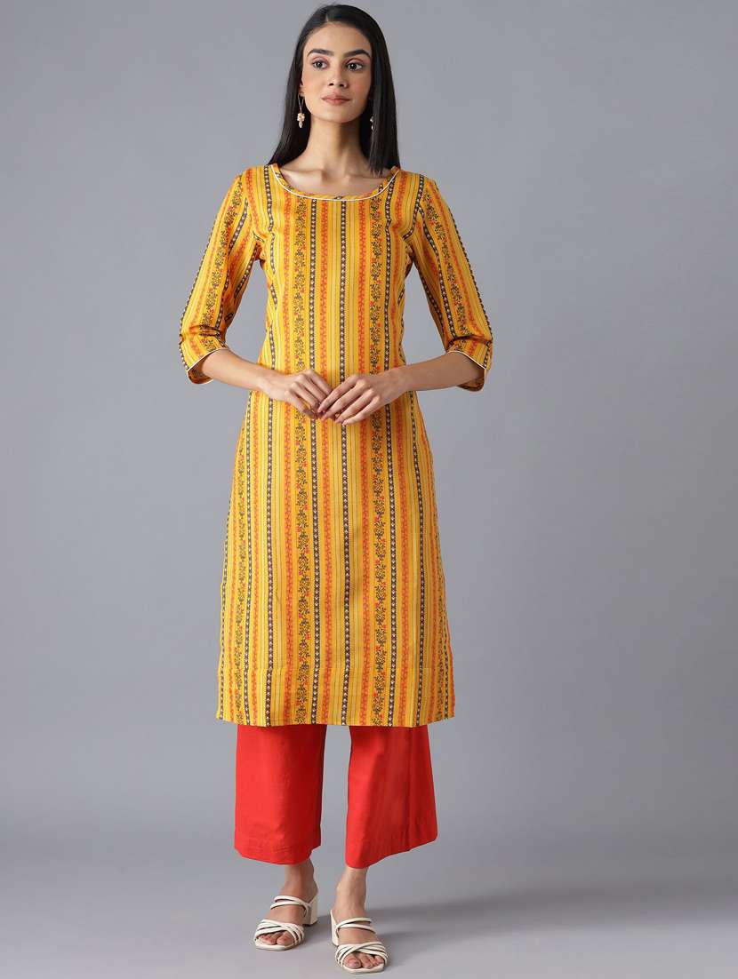yellow round neck three quarter sleeve kurta palazzo set