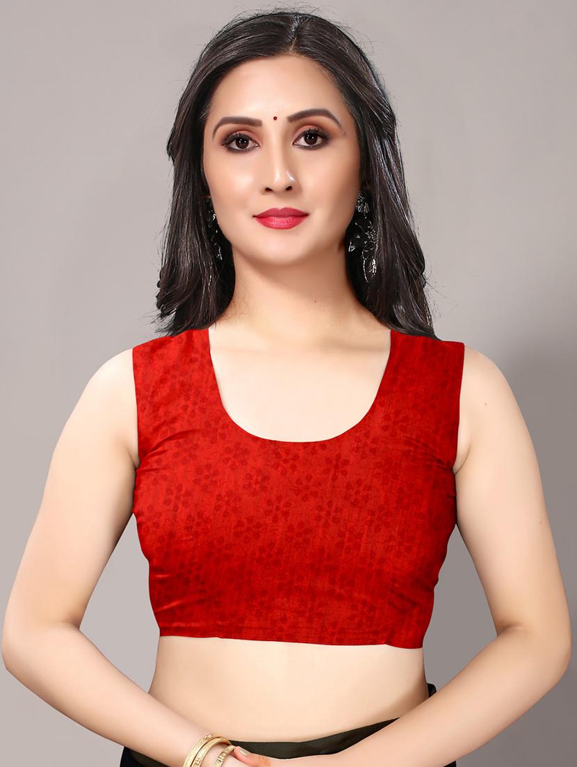 red cotton blend printed saree with blouse - 18217735 - Standard Image - 2