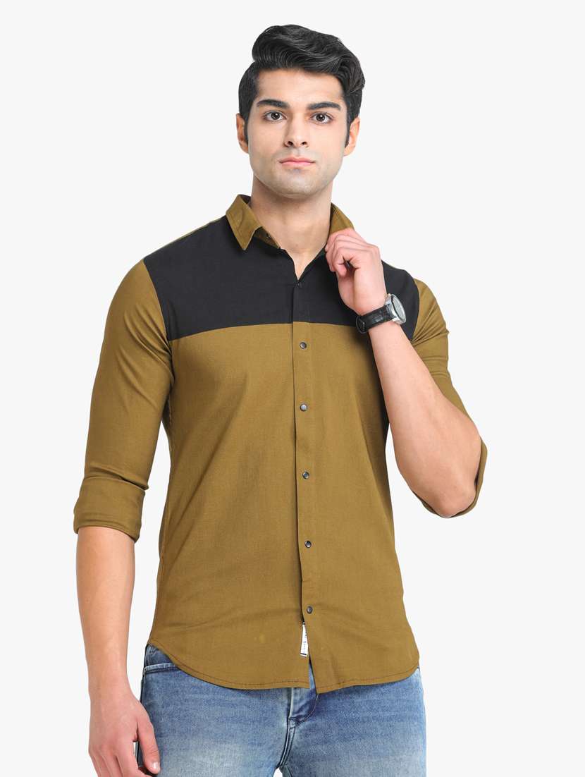 khaki color-blocked casual shirt