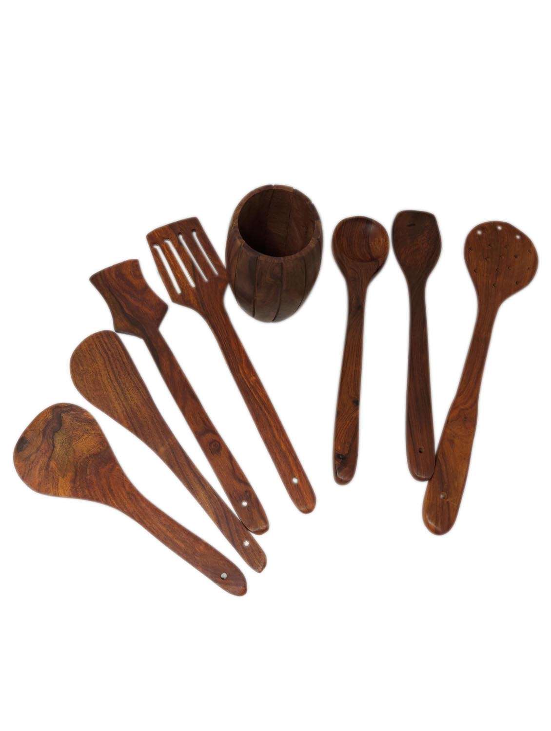 buzykart® brown wooden spatula set of 7 spatulas with a holder