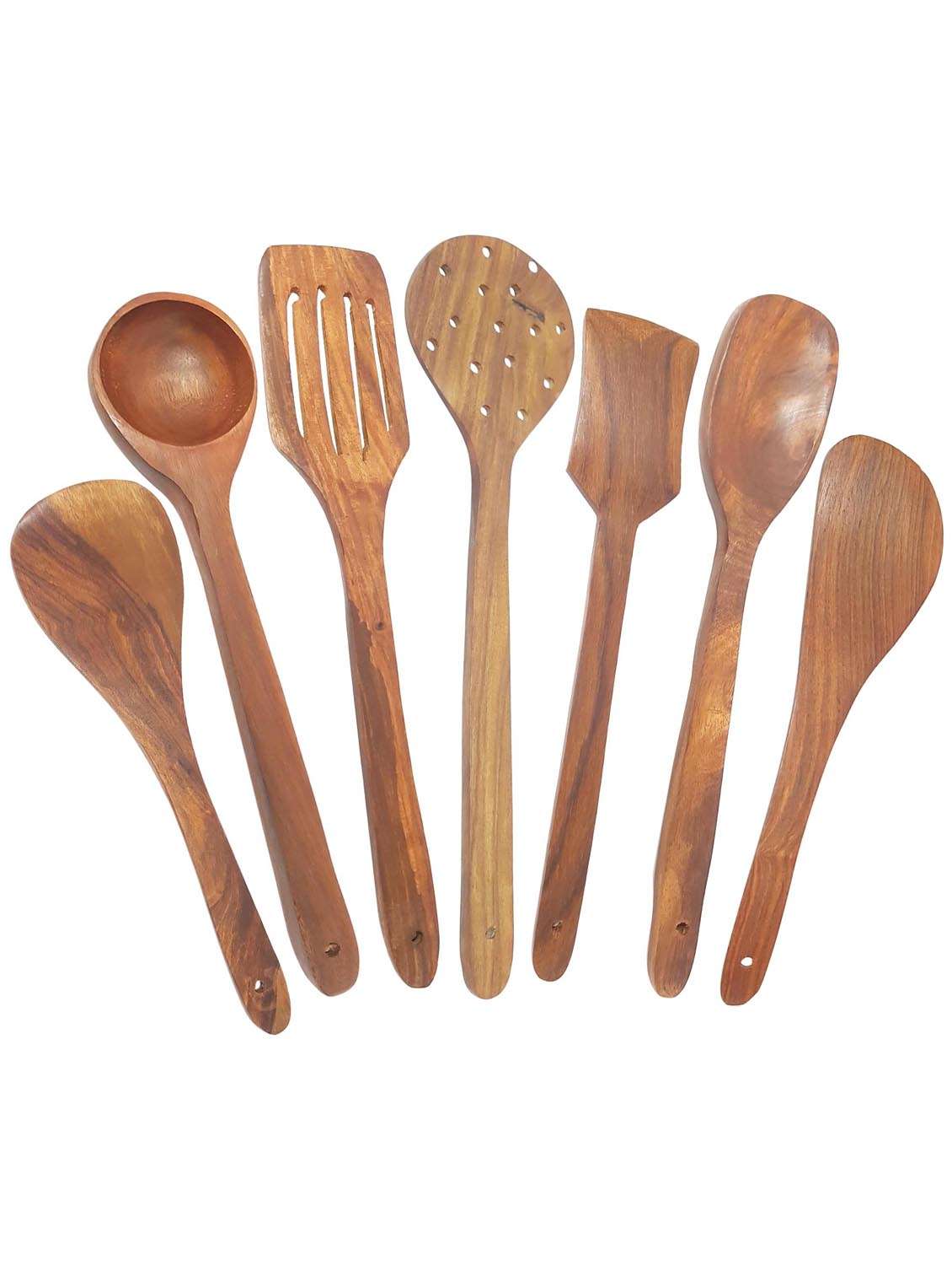 buzykart® handmade wooden serving and cooking spoon kitchen utensil set of 7
