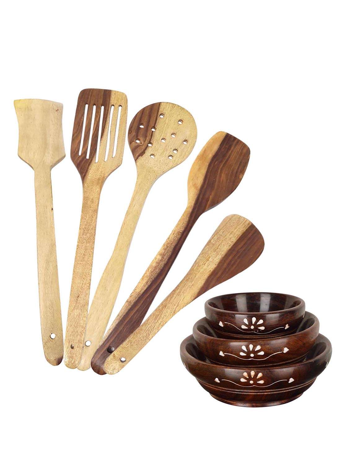 buzykart® handicrafts wooden bowl set of 3, spoon set of 5 | 1 frying, 1 serving, 1 spatula, 1 chapati spoon, 1 desert