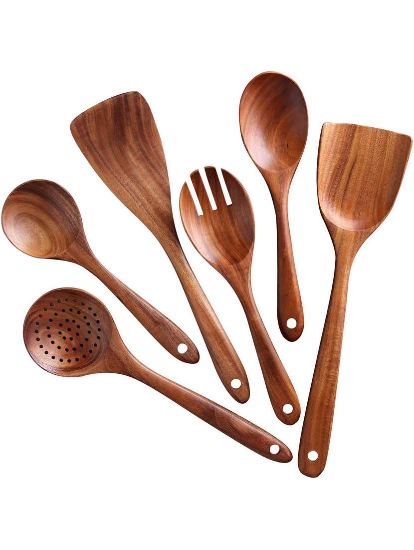 buzykart® handmade wooden serving and cooking spoon, ladles & turning spatulas kitchen non stick utensil set of 6