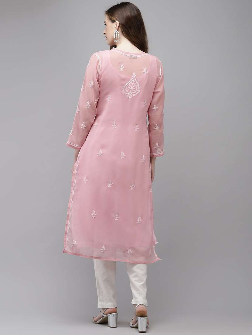 ada hand embroidered dusty pink georgette lucknow chikankari kurta with slip - 18219624 -  Standard Image - 2