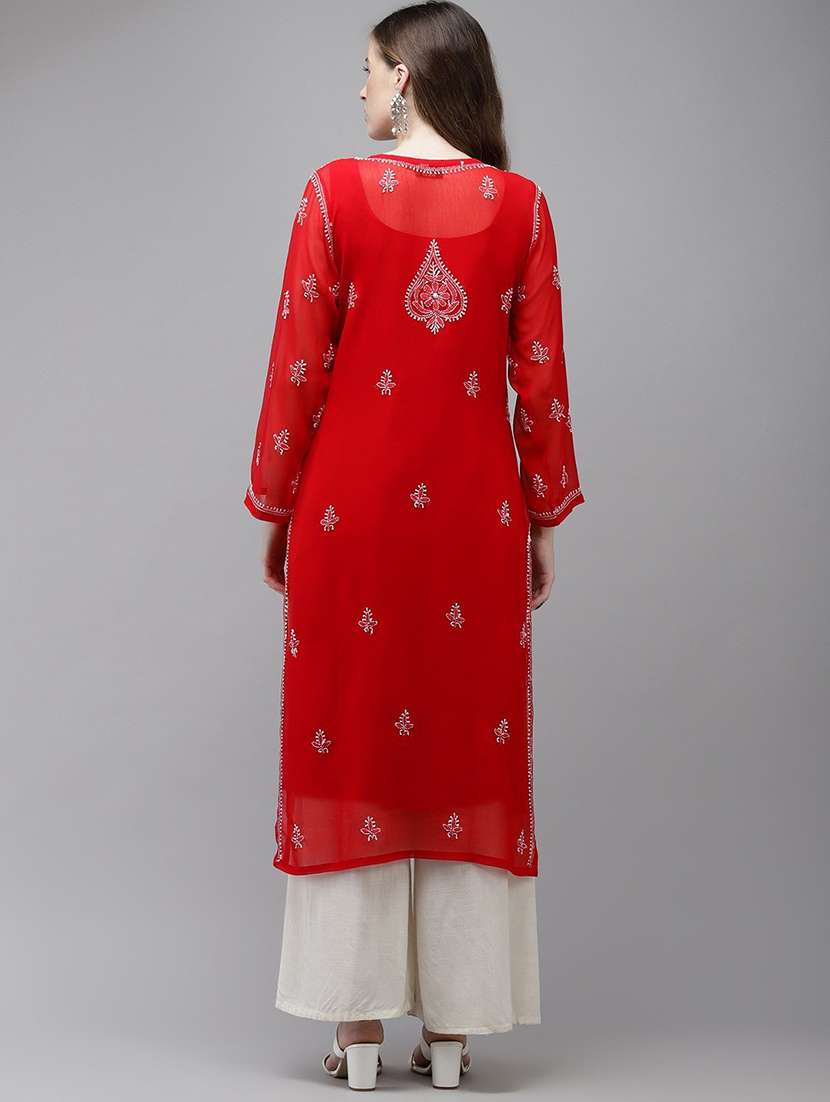 ada hand embroidered red georgette lucknow chikankari kurta with slip - 18219625 -  Standard Image - 2