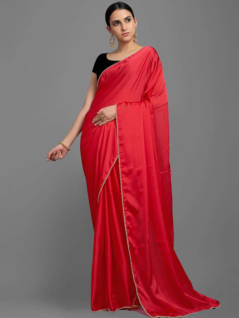 red satin plain saree with blouse