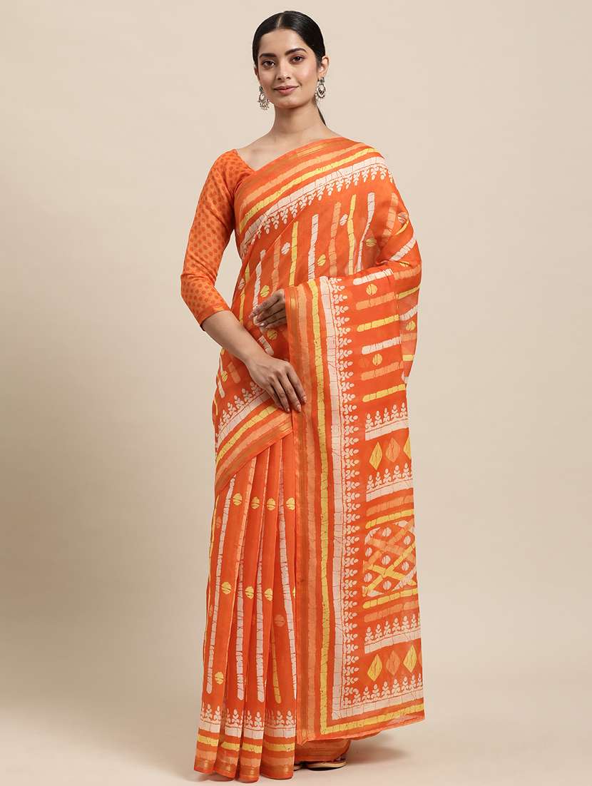 orange cotton blend printed saree with blouse