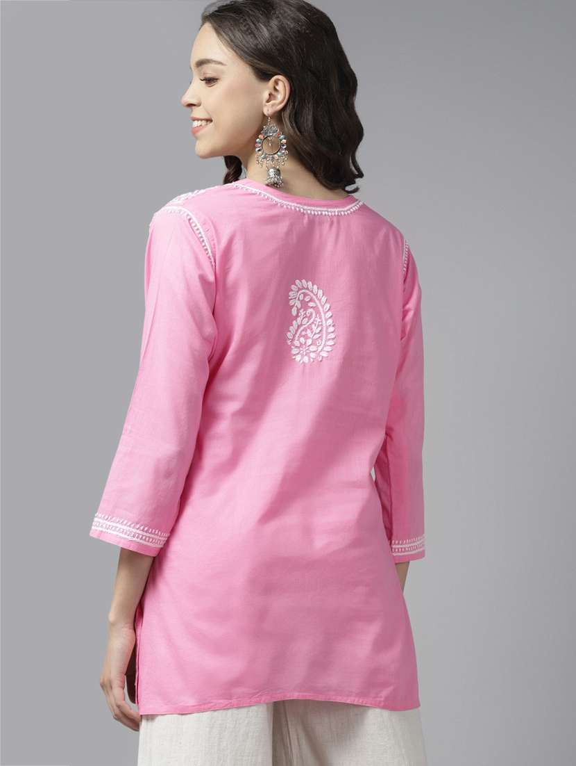 ada hand embroidered pink cotton lucknow chikan kurti 	 - 18223527 -  Standard Image - 2