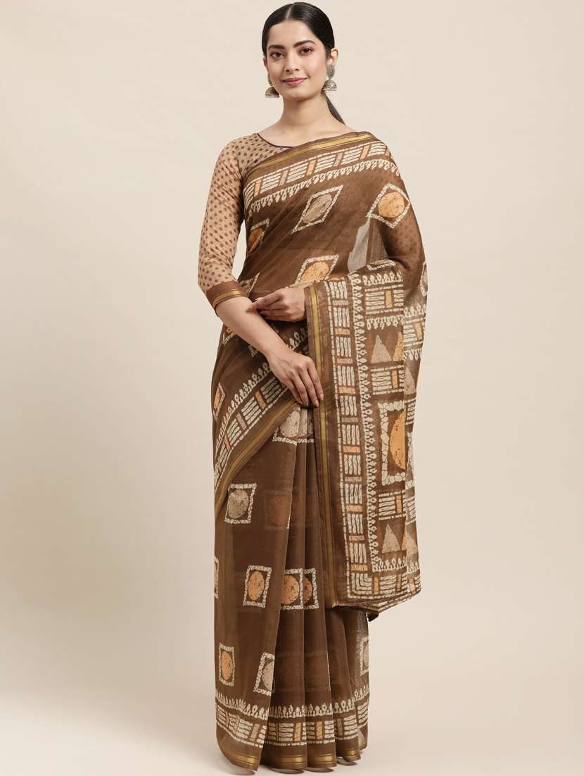 brown cotton blend printed saree with blouse