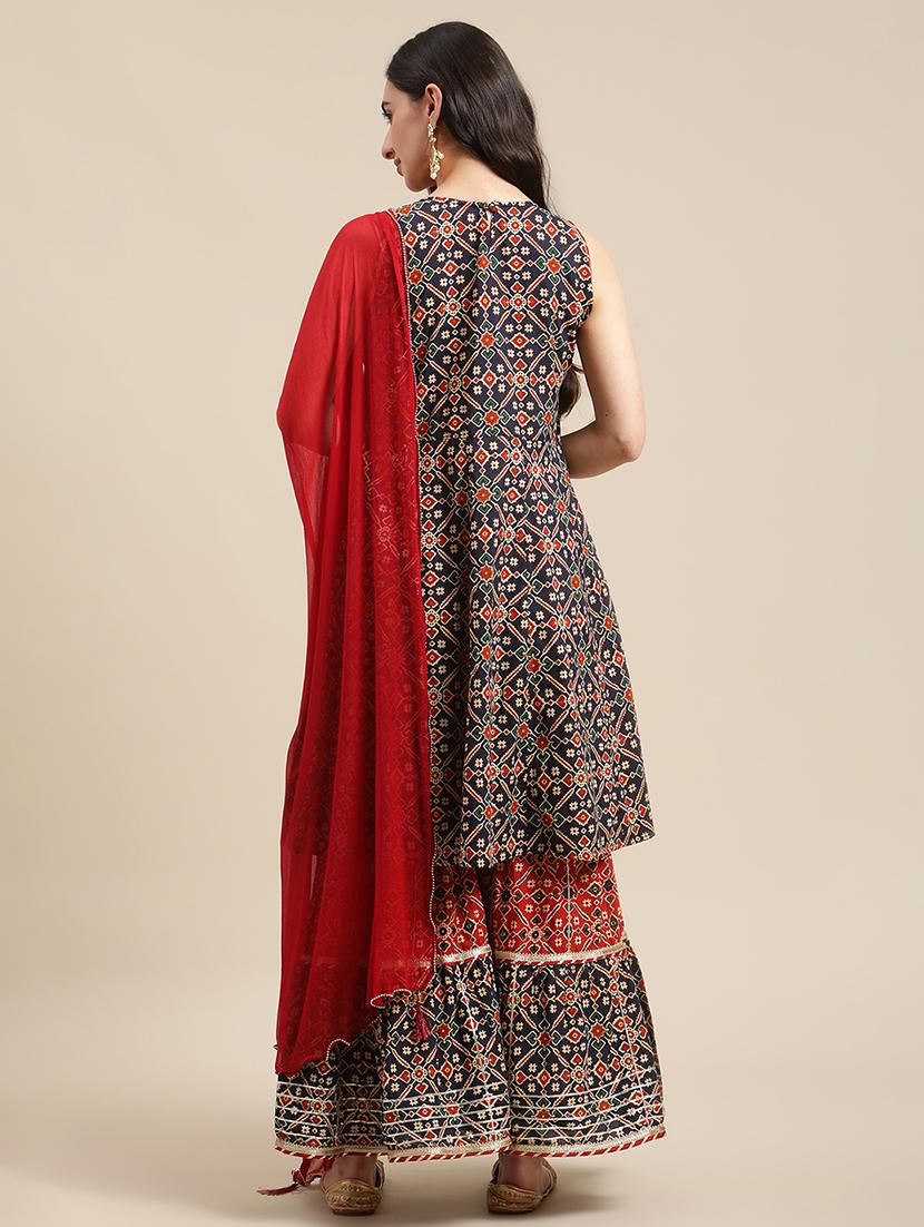 printed gota patti work kurta sharara set with dupatta - 18223904 - Standard Image - 2