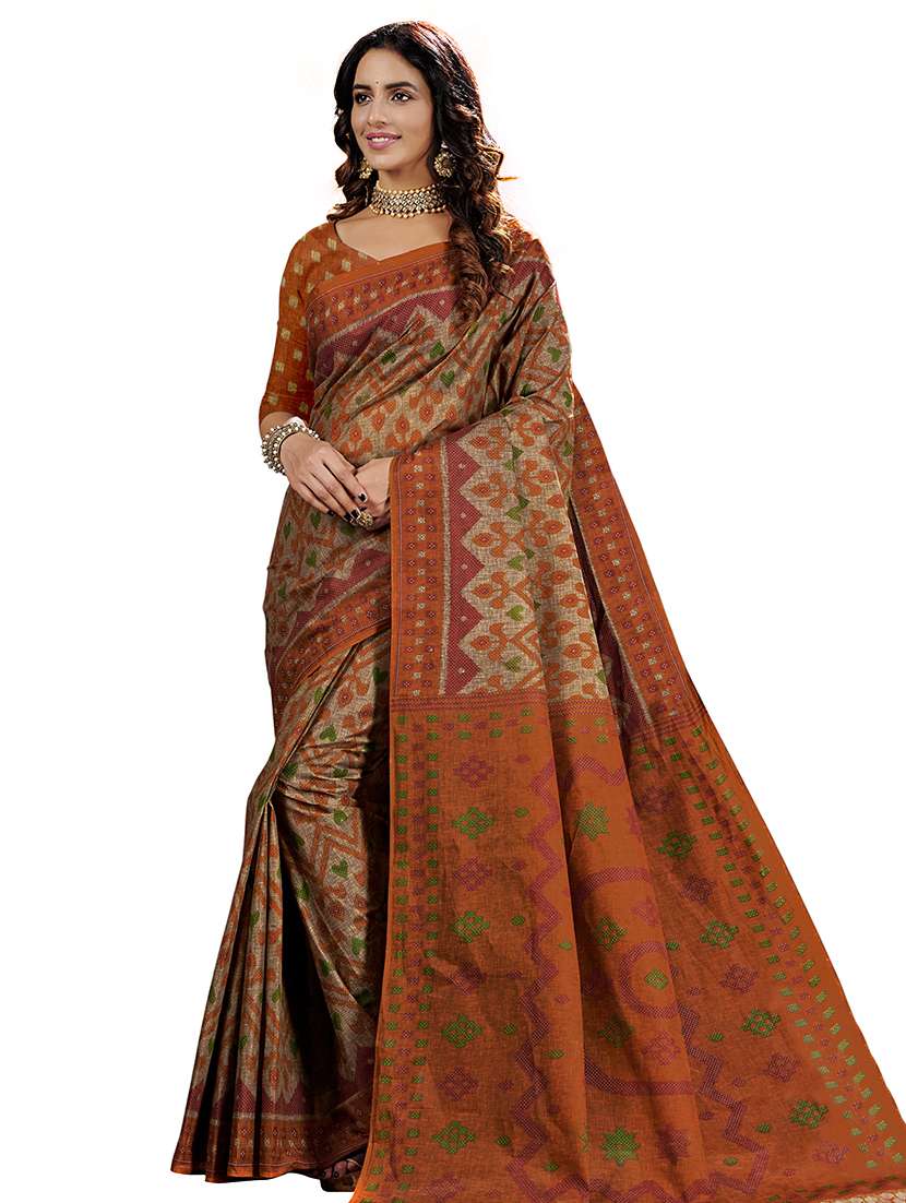 orange cotton printed saree with blouse