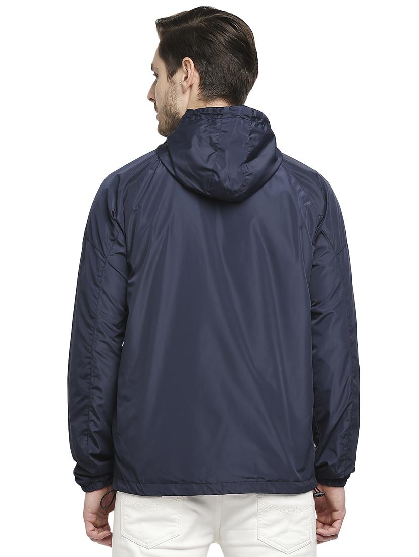 navy blue solid hooded casual jacket - 18225959 - Standard Image - 2