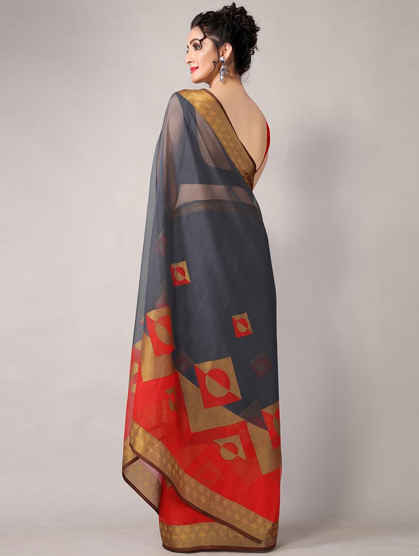grey chiffon printed saree with blouse - 18226303 - Standard Image - 2