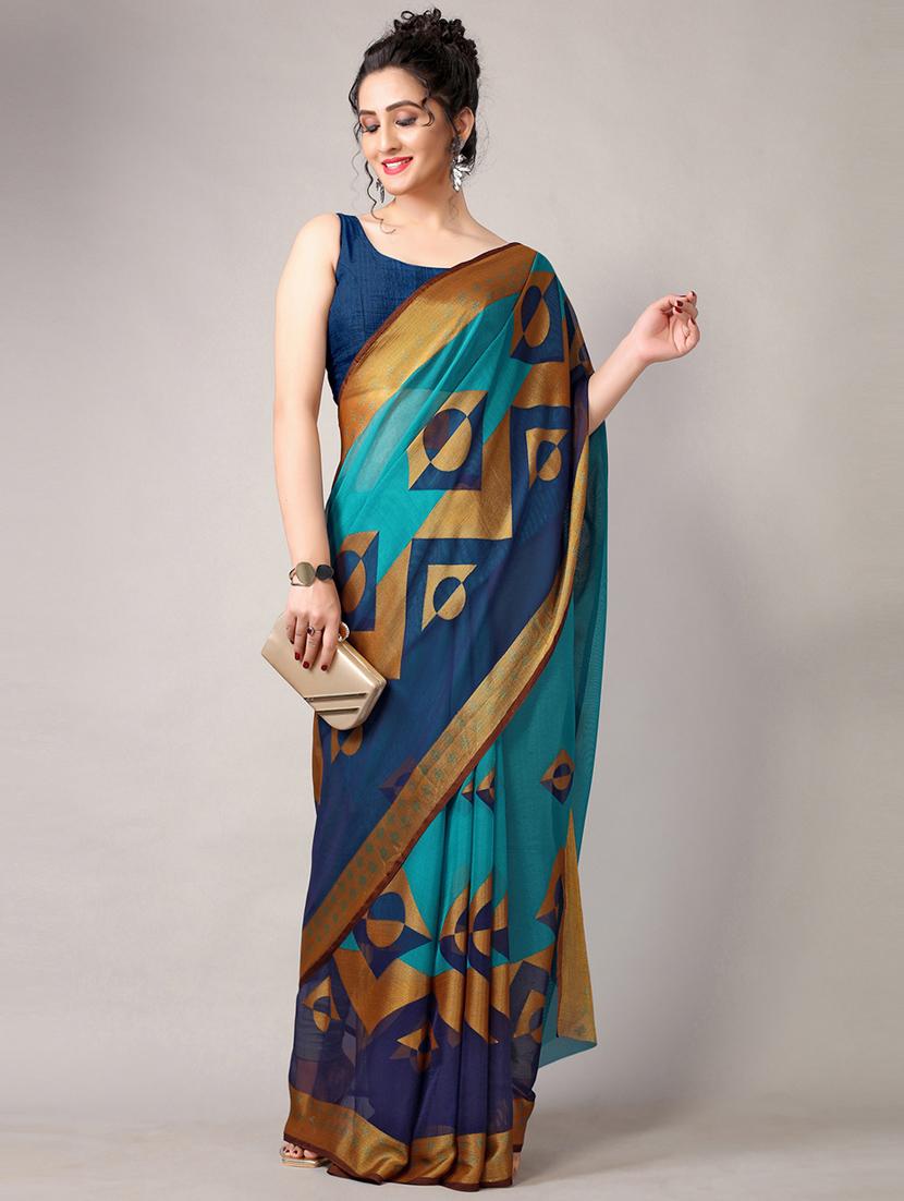 turquoise chiffon printed saree with blouse - 18226307 - Standard Image - 2