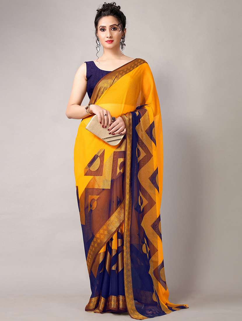 yellow chiffon printed saree with blouse - 18226308 -  Standard Image - 2