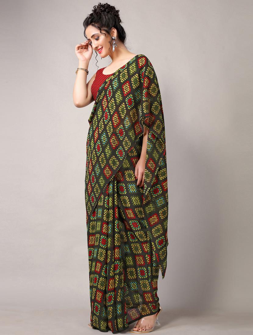 black georgette printed saree with blouse - 18226309 - Standard Image - 2