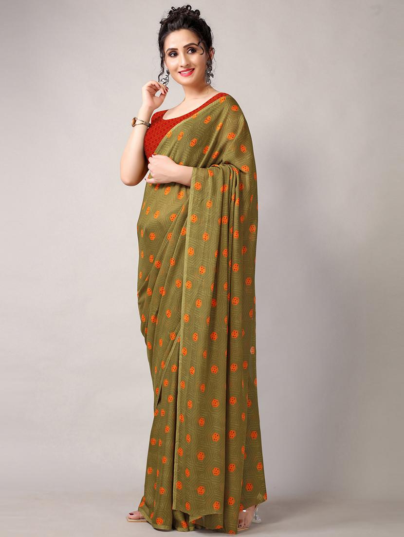 olive. georgette printed saree with blouse - 18226322 - Standard Image - 2