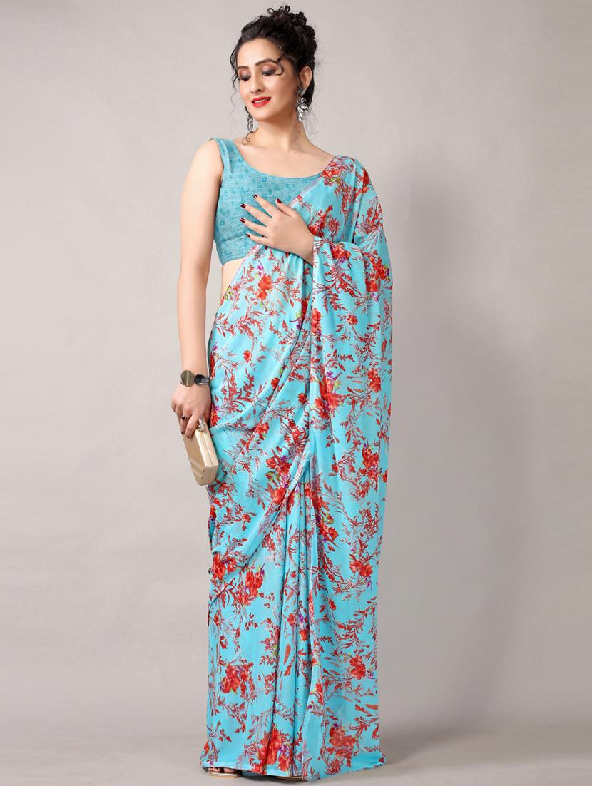 turquoise georgette printed saree with blouse - 18226327 - Standard Image - 2
