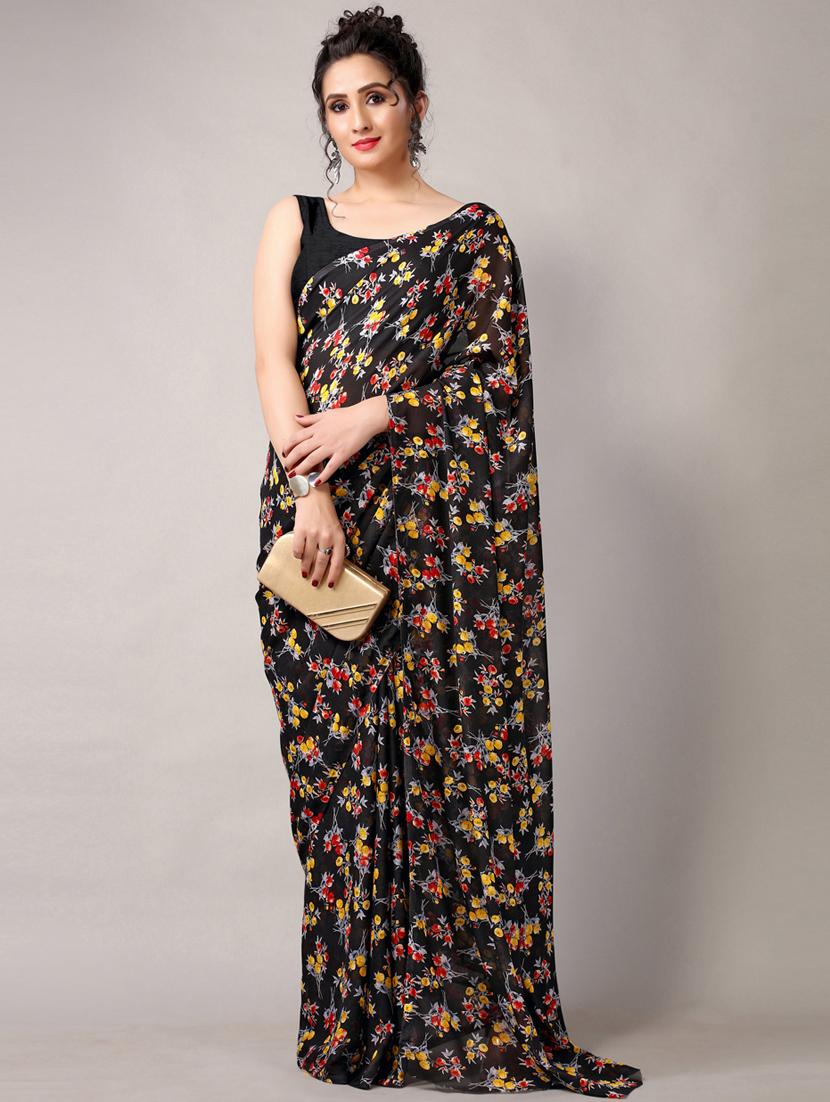 women's floral black colored saree with blouse - 18226330 - Standard Image - 2