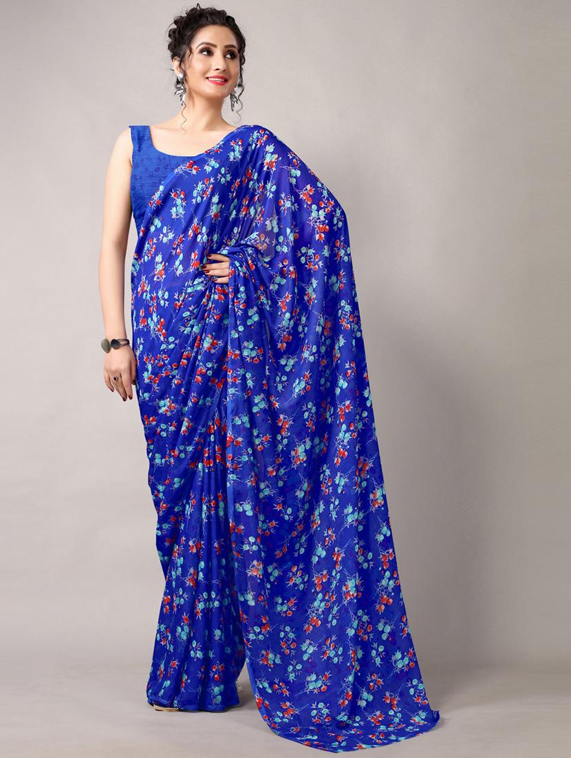 indigo georgette printed saree with blouse - 18226331 - Standard Image - 2