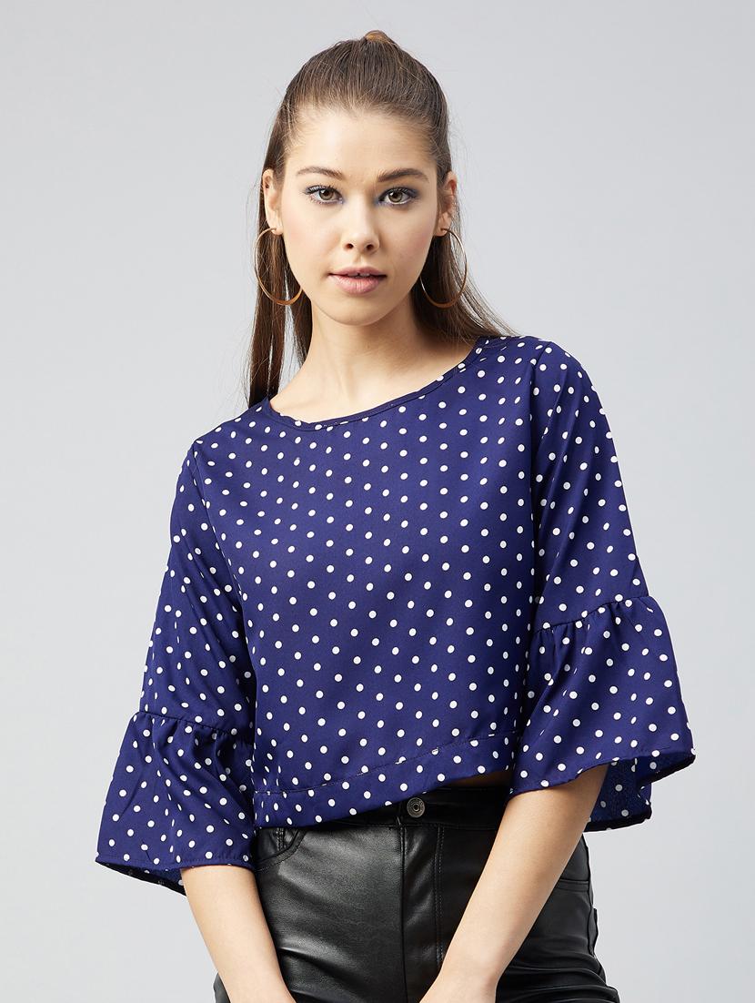 women polka dots bell sleeves tie back top