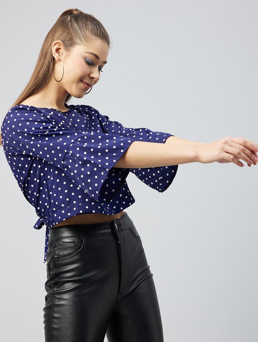 women polka dots bell sleeves tie back top - 18226866 - Standard Image - 2