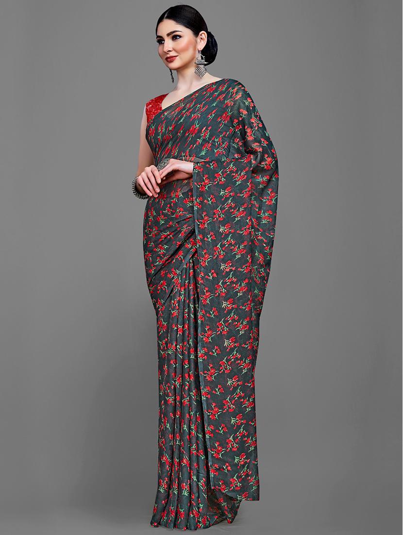 black chiffon printed saree with blouse - 18226990 - Standard Image - 2