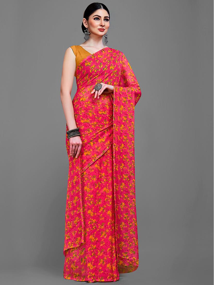 pink chiffon printed saree with blouse - 18226991 - Standard Image - 2