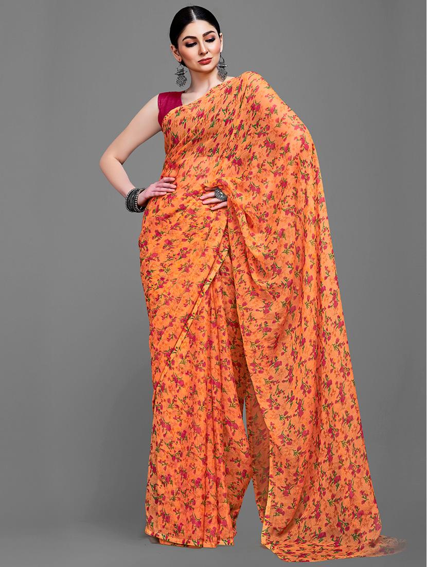 orange chiffon printed saree with blouse - 18226995 - Standard Image - 2