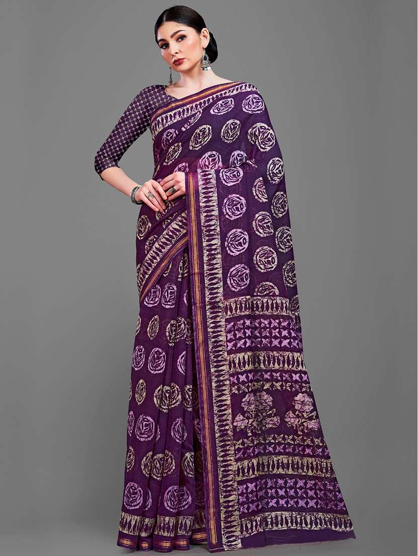 purple cotton blend saree with blouse - 18227001 -  Standard Image - 2