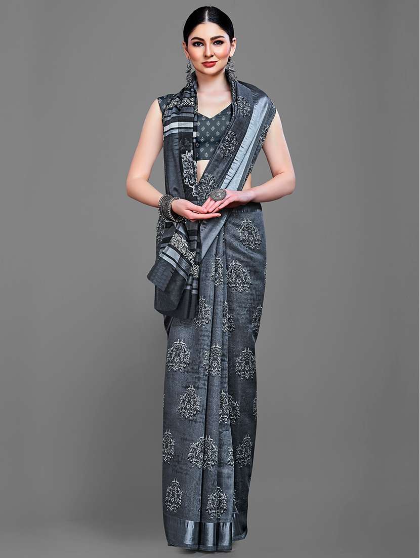 grey cotton blend saree with blouse - 18227003 -  Standard Image - 2