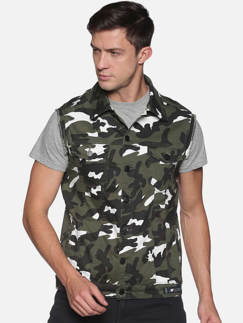 green camouflage back-printed denim jacket