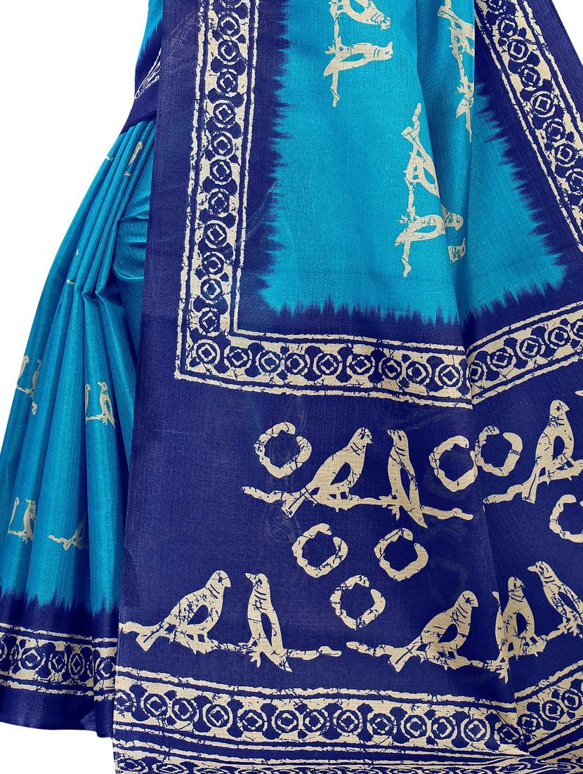 blue linen printed saree with blouse - 18229768 - Standard Image - 2
